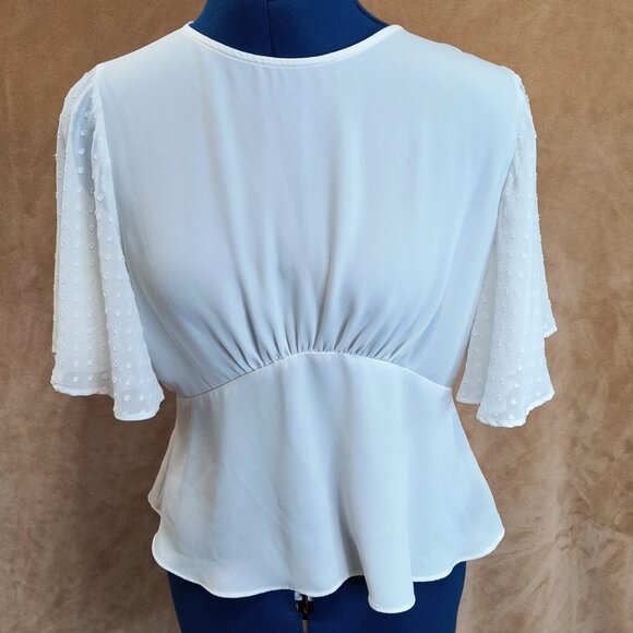 EXPRESS Cream Chiffon Blouse Short Dotted Swiss Flutter Sleeve Peplum Flare S - Picture 6 of 8